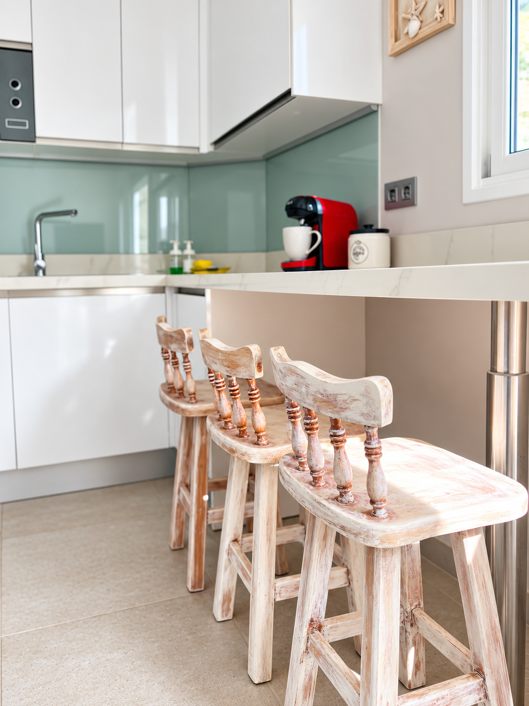 Coastal Kitchen with Rustic Barstools
