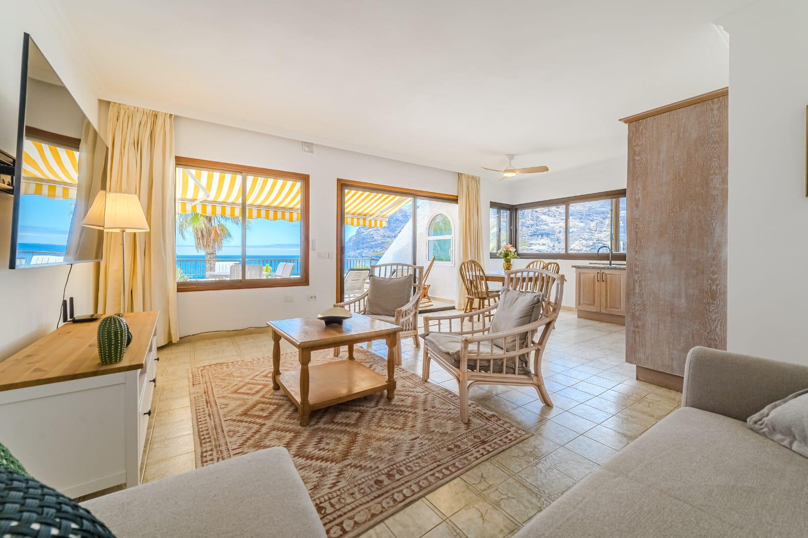 For Holiday Rent Two Bedroom Apartment Ocean View Terrace Swimming Pool Puerto de Santiago Los Gigantes 44 Sunset Dreams by Dream Homes Tenerife Living Room Real Estate Dream Homes Tenerife